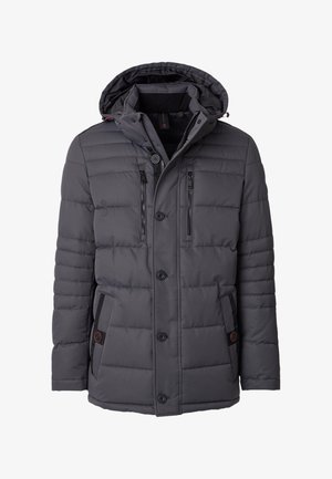 Donkergrijze gevoerde winterjas met capuchon, knopen aan de voorkant, twee verticale ritsen op de borst en twee zijzakken met knoopdetails.