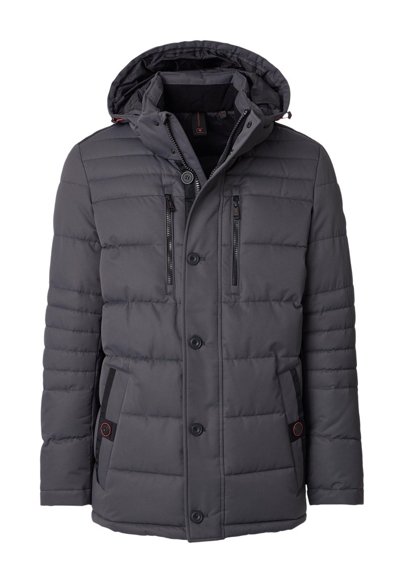 Giacca invernale imbottita grigio scuro con cappuccio, bottoni frontali, due zip verticali sul petto e due tasche laterali con dettagli in bottone.