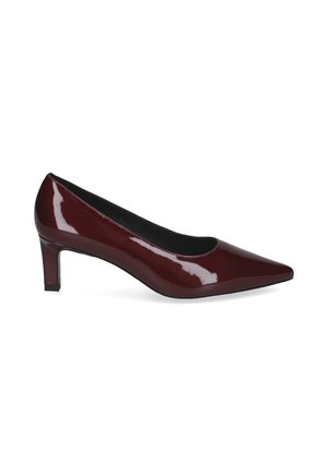 Shiny dark red patent leather pointed-toe pump with low block heel and black interior lining on a white background.