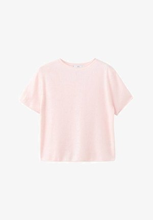 Korte mouw roze gebreide top met een geribbelde textuur en subtiele glans. Heeft een ronde halslijn en een losse, boxy pasvorm.