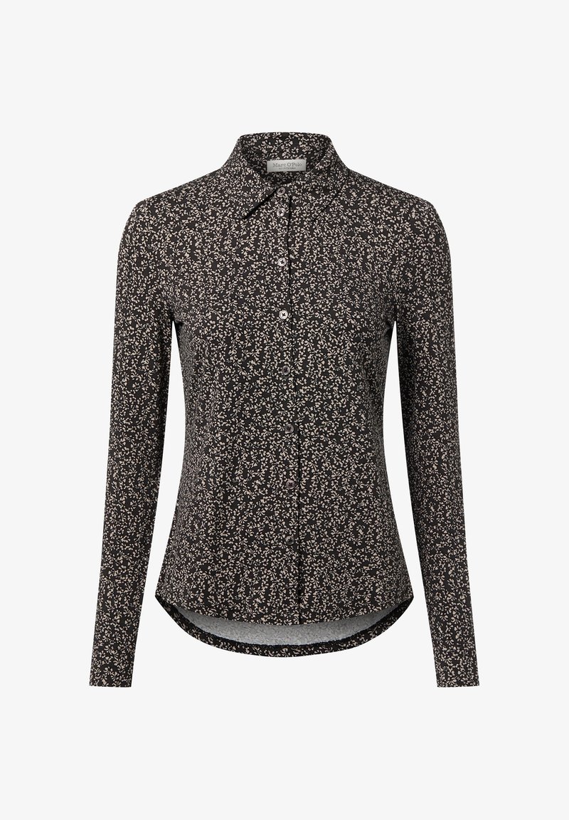 Chemise sombre à manches longues boutonnée avec petit imprimé floral clair, col pointu, coupe cintrée et ourlet légèrement arrondi.