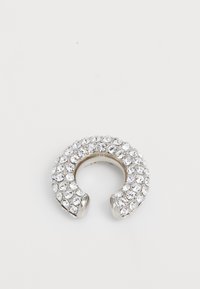 Sølvmetallarmbånd med rhinestones, i en halvsirkelform, med en blank, strukturert overflate og åpen midt.