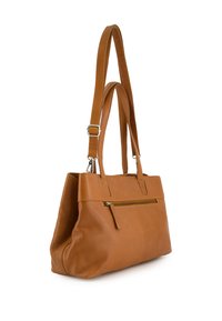 Tote-Bag aus braunem Leder mit verstellbaren Schultergurten, einem Reißverschluss-Vortasche und glatter Oberfläche. Rechteckige Form mit subtilen Steppnähten.