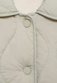 Svetlo zelena prešita jakna z velikim ovratnikom, dvema gumboma in občutljivimi šivi. Poudarek na teksturi in oblikovalskih podrobnostih.