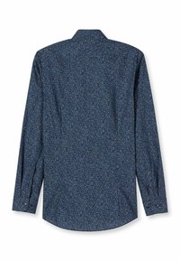 Langarmhemd aus dunkelblauem Stoff mit kleinem, mehrfarbigem Muster. Verfügt über einen klassischen Kragen und knöpfbare Manschetten. Glatte Textur.