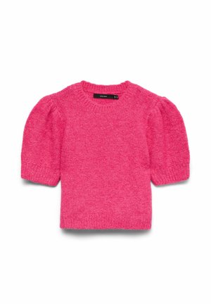 Rozā adīts džemperis ar apaļu kakla izgriezumu un īsām pūkainām piedurknēm. Mīksta tekstūra; nedaudz brīvs piegriezums. Apkaklē redzama etiķete.