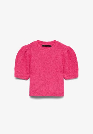 Rozā adīts džemperis ar apaļu kakla izgriezumu un īsām pūkainām piedurknēm. Mīksta tekstūra; nedaudz brīvs piegriezums. Apkaklē redzama etiķete.