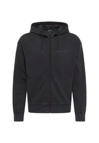 Black zip-up hoodie made of soft fabric. Features a drawstring hood, front pockets, and ribbed cuffs. Minimal logo detail on the chest.