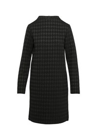 Schwarzes Kleid mit langen Ärmeln, Hahnentrittmuster, runder Ausschnitt und Rückenreißverschluss, aus strukturiertem Stoff hergestellt.