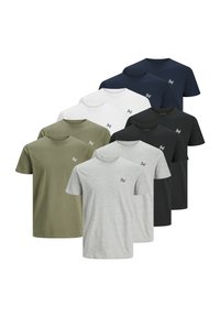 Acht kurzärmlige T-Shirts in verschiedenen Farben: olivgrün, grau, weiß, marineblau und schwarz. Jedes Shirt hat ein kleines Logo auf der Brust.