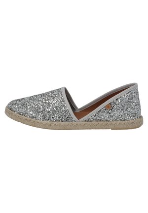 Glittering silver espadrille with a textured upper, gray trim, and jute rope sole. Slip-on design with a rounded toe and minimal accents.
