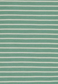 Grüner Stoff mit horizontalen weißen Streifen, weiche Textur, gleichmäßiger Abstand zwischen den Streifen, Hauptfarbe ist ein gedämpftes Tealgrün.