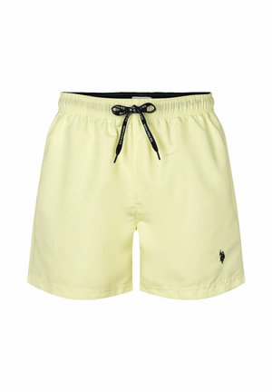 Világos sárga fürdőnadrág elasztikus derékrésszel és állítható húzózsinórral. Az alsó bal oldalon fekete logó található.