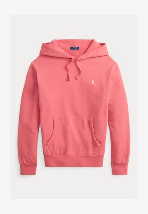 Rosa hettegenser laget av mykt stoff, med en frontlommekangaroo, ribbede mansjetter og en liten logo på brystet. Laget med en avslappet passform.