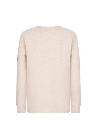 Maglia beige a maniche lunghe con collo rotondo, texture morbida e un delicato motivo a maglia. Presenta un dettaglio laterale sulla manica.