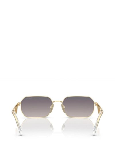 Guldmetalrammede solbriller med oktagonale linser. Gradient grå linser, klare acetat arme og detaljerede metalliske accenter på rammen.