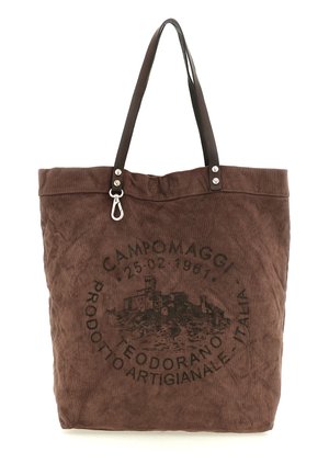 Borsa tote in tela marrone con manici in pelle marrone scuro, con testo circolare nero stampato e grafica di un castello.