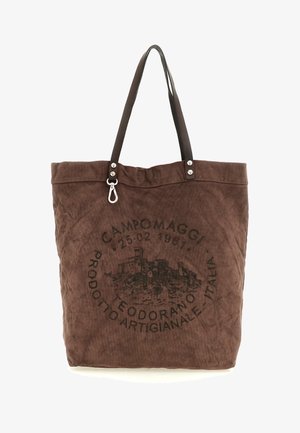 Borsa tote in tela marrone con manici in pelle marrone scuro, con testo circolare nero stampato e grafica di un castello.
