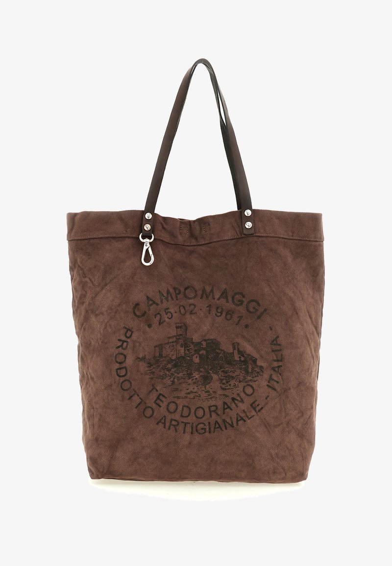 Borsa tote in tela marrone con manici in pelle marrone scuro, con testo circolare nero stampato e grafica di un castello.