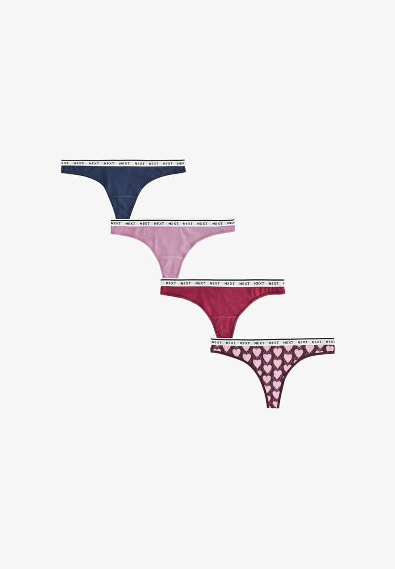 Quatre strings en coton pour femmes en bleu marine, rose clair, rose foncé et rose foncé avec motif de cœur, chacun avec une ceinture blanche étiquetée NEXT.