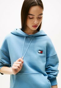 Sudadera azul claro hecha de una tela suave. Cuenta con un bolsillo frontal y una capucha integrada, con un pequeño parche del logo en el pecho.