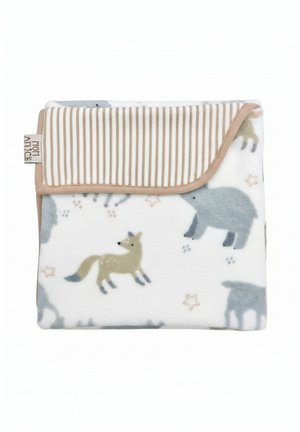 Koc z mikrofibry z zabawnymi wzorami zwierząt w stonowanych kolorach na białym tle, z paskowanym beżowo-białym brzegiem.