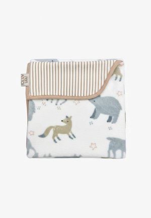 Koc z mikrofibry z zabawnymi wzorami zwierząt w stonowanych kolorach na białym tle, z paskowanym beżowo-białym brzegiem.