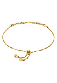 Bracciale dorato con maglie a forma di cuore con accenti bianchi, chiusura regolabile con due piccole sfere rotonde, texture liscia, design delicato.