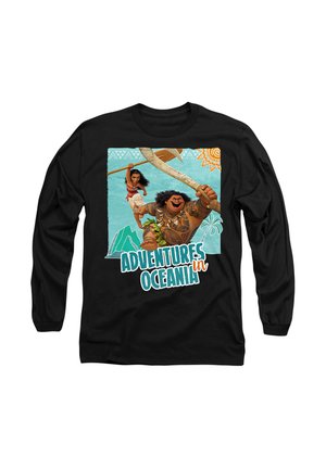 Black long-sleeve shirt featuring a colorful printed design of characters holding a paddle, with the text “Adventures in Oceania.”