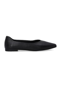 Zwarte lederen balletflats met een spitse neus en een lage hak, met een gladde textuur en een eenvoudig ontwerp zonder versieringen.