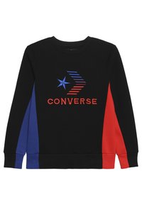 Felpa nera con pannelli laterali blu e rossi; presenta il logo "CONVERSE" ricamato, una grafica a stella e strisce diagonali in colori vivaci.
