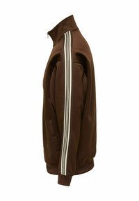 Καφέ ζακέτα με φερμουάρ, που διαθέτει ψηλό γιακά, άσπρες ρίγες στους ώμους και πλαϊνές τσέπες, με υφή από λείο ύφασμα.