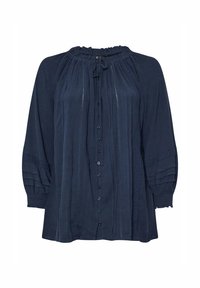 Blusa blu navy con design plissettato, scollatura rotonda arricciata, chiusura con bottoni e dettagli ricamati sulle maniche e sui pannelli frontali.