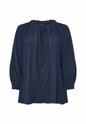 Navyblauwe blouse met een geplooid ontwerp, ronde gathering halslijn, knoopsluiting en geborduurde accenten op de mouwen en voorpanden.