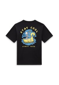 Czarna koszulka z krótkim rękawem z kolorową grafiką przedstawiającą szkielet na żółtej dmuchanej kaczce, z napisem "ZACHOWAJ CHP" i "OD 1966 R."