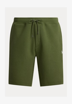 Olivengrønne bomullsshorts med elastisk midjebånd, snøring og liten logodetalj på siden. Glatt tekstur og knelengde design.