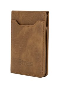 Brown leather wallet with a textured finish, featuring a single front pocket and an embossed logo. Compact and minimalist design.