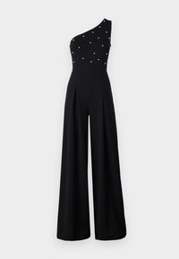 One-shoulder black jumpsuit with a fitted bodice, embellished with small white accents, and wide, pleated legs. Smooth texture.