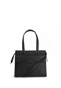 Borsa a mano in pelle nera con manici superiori doppi e una tracolla removibile, caratterizzata da una superficie testurizzata e una tasca frontale con un design sottile.