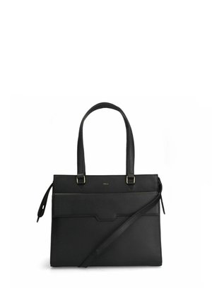 Zwarte leren handtas met dubbele handvatten bovenaan en een afneembare schouderband, met een textuur op het oppervlak en een voorvak met een subtiel ontwerp.