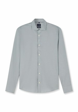 Light grey long-sleeve men's dress shirt with buttons down the front and a classic collar, laid flat against a white background.