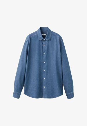 Blå denimskjorte med knapper foran, lange ærmer og en spids krave. Har en afslappet pasform og en glat tekstur.