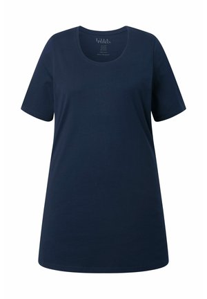 Marineblaues, kurzärmeliges Baumwoll-T-Shirt mit Rundhalsausschnitt und normaler Passform, von vorne gezeigt.