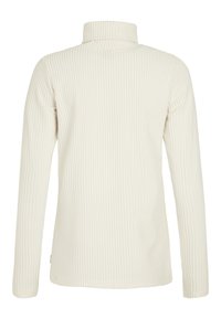 Haut beige clair à manches longues avec col montant et texture côtelée verticale, avec une coupe droite et sans matériel ni embellissements visibles.