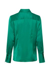 Grüne Satinbluse mit Kragen, langen Ärmeln und geknöpften Manschetten. Glatte Textur mit schlichtem Design und ohne sichtbare Muster oder Verzierungen.