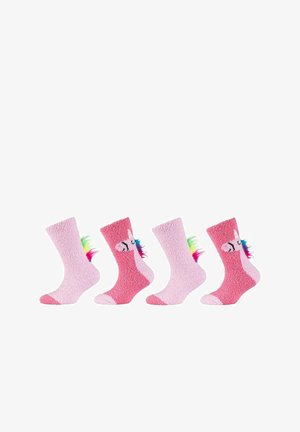 Set di quattro calzini pelosi in diverse sfumature di rosa. Ognuno presenta una coda colorata e un dolce design di faccia di animale sulla caviglia.