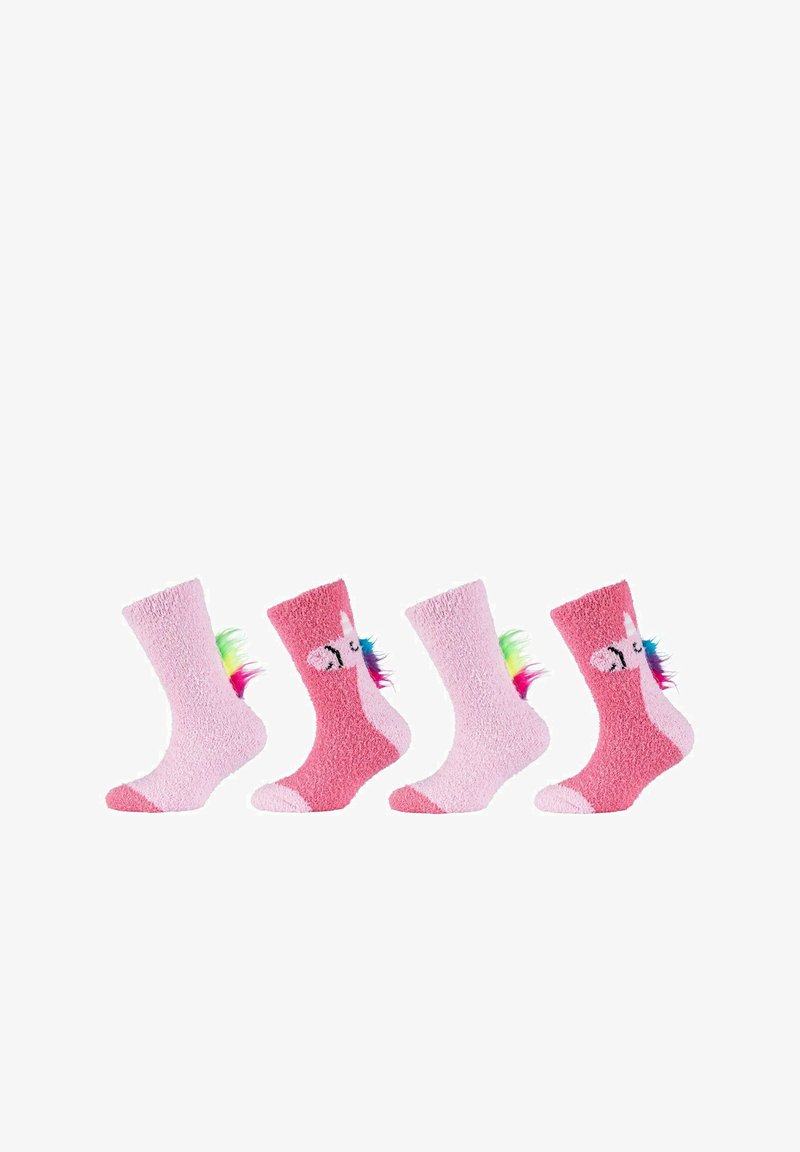 Set di quattro calzini pelosi in diverse sfumature di rosa. Ognuno presenta una coda colorata e un dolce design di faccia di animale sulla caviglia.