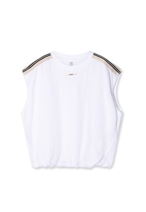 Weißes ärmelloses Top mit geripptem Muster, das an den Schultern schwarze und beige Streifen aufweist und einen gerüschten unteren Saum hat.