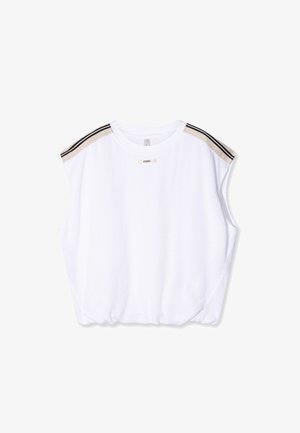 Weißes ärmelloses Top mit geripptem Muster, das an den Schultern schwarze und beige Streifen aufweist und einen gerüschten unteren Saum hat.