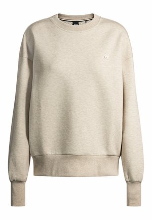Light beige sweatshirt with ribbed cuffs and hem, featuring a subtle logo on the chest. Soft texture and relaxed fit design.